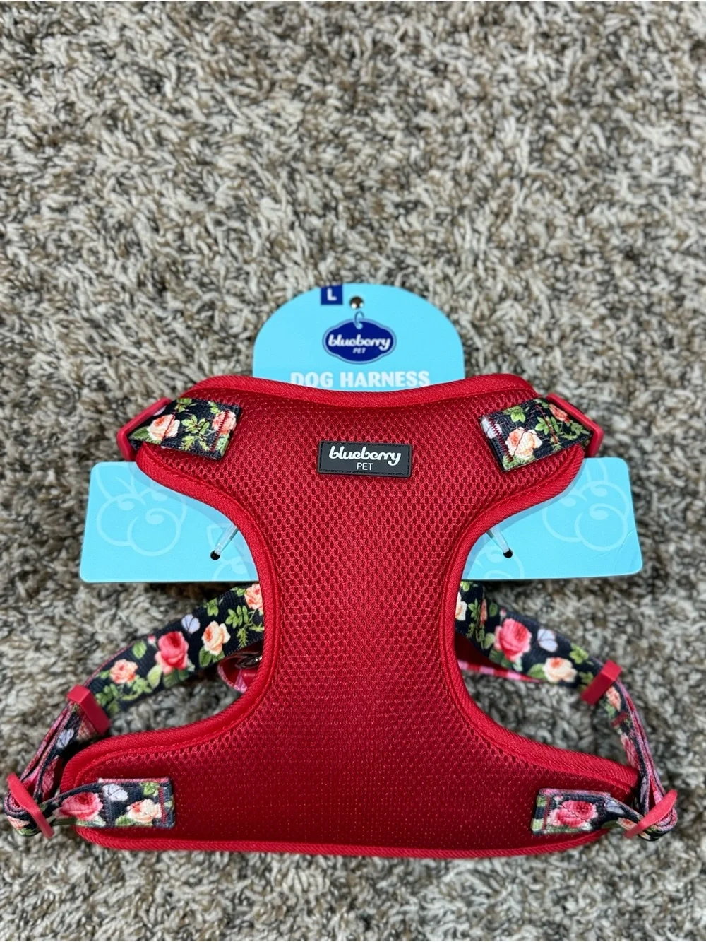 Red Floral Dog Harness - Breathable Mesh, Adjustable Fit